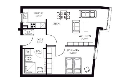 Grundriss Appartement für 2 Personen im Haus Rheinpark